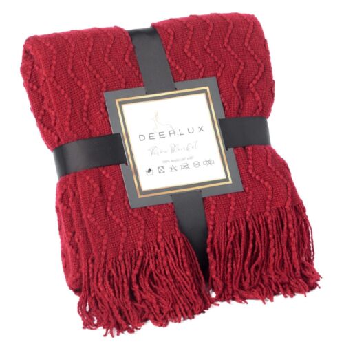 Decorative Chevron Pattern Knit Throw Blanket, 50x60 in, Made with Premium Yarns, Finished with Chic Fringe Details - Red, Lightweight, Breathable, Easy Care - LEHADAR