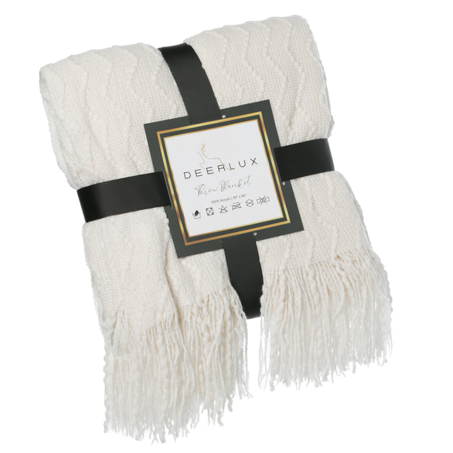 Decorative Chevron Pattern Knit Throw Blanket, 50x60 in, Made with Premium Yarns, Finished with Chic Fringe Details - White, Lightweight, Breathable, Easy Care, Versa - LEHADAR