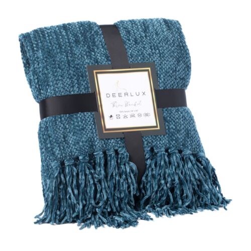 Decorative Chenille Throw Blanket, 50x60 in, Boasting Soft and Plush Yarn and Delicate Fringe Details - Navy, Lightweight, Breathable, Easy Care, Versatile, All-Season, Ideal for Lounging, Gifting - LEHADAR