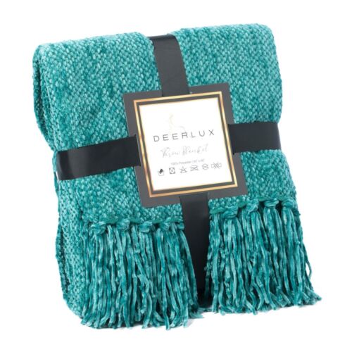 Decorative Chenille Throw Blanket 50x60 in, Boasting Soft and Plush Yarn and Delicate Fringe Details - Turquoise, Lightweight, Breathable, Easy Care, Versatile, All-Season, Ideal for Lounging, Giftin - LEHADAR