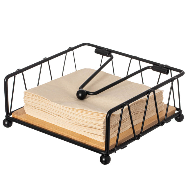 Flat Metal Square Napkin Holder with Weighted Arm and a Wooden Tray Perfect for Adorning Dining Table, Kitchen Countertop and Napkin Holder for Bathroom also Good for Outdoor Table at Restaurant - LEHADAR