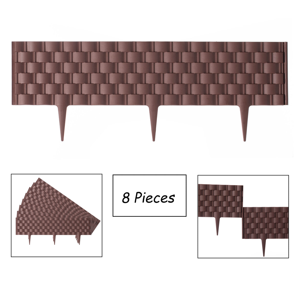 Set of 8 Pcs Decorative Rattan-Inspired Plastic Landscape Edging and Garden Fence Borders in a Rich Coffee Hue for Lawn, Outdoor Patio, Garden, and Flower Bed - LEHADAR
