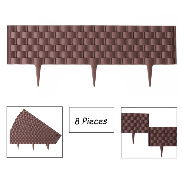 Set of 8 Pcs Decorative Rattan-Inspired Plastic Landscape Edging and Garden Fence Borders in a Rich Coffee Hue for Lawn, Outdoor Patio, Garden, and Flower Bed - LEHADAR