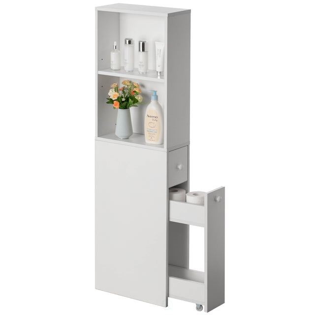 Freestanding Narrow and Slim Design White Bathroom Storage Cabinet - Ideal as Toilet Paper Storage, Feminine Product Organizer or Hair Tool Organizer with Storage Drawer and Adjustable Shelf - LEHADAR