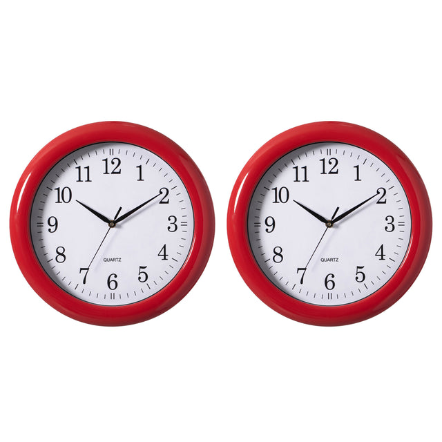 Set of 2 13.75" Plastic Red Round Silent, Non-Ticking Battery Operated Simple Modern Analog Wall Clock. Perfect for Office, Classroom, Living Room, Dining Room, Bed Room and Kitchen Wall Decor. - LEHADAR