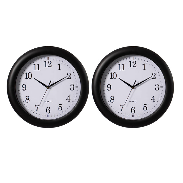 Set of 2 13.75" Plastic Black Round Silent, Non-Ticking Battery Operated Simple Modern Analog Wall Clock. Perfect for Office, Classroom, Living Room, Dining Room, Bed Room and Kitchen Wall Decor. - LEHADAR