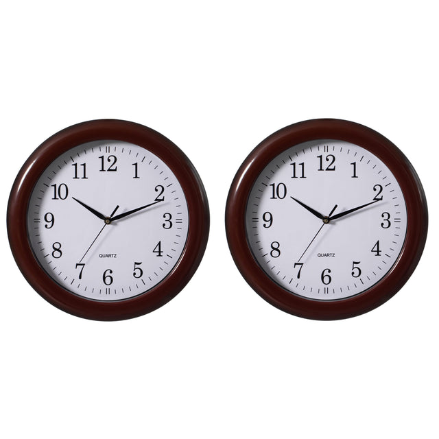 Set of 2 13.75 Inch Plastic Brown Round Silent, Non-Ticking Battery Operated Simple Modern Analog Wall Clock. Perfect for Office, Classroom, Living Room, Dining Room, Bed Room and Kitchen Wall Decor. - LEHADAR