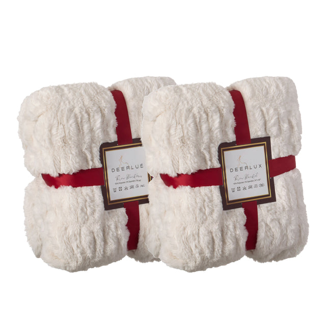 Set of 2 Luxurious 50 in. x 60 in. Rached Faux Fur Cozy Throw Blanket - Decorative Plush Blanket for Sofa and Bed, Soft and Comfortable Home Accent, Warm Winter Blanket, White - LEHADAR