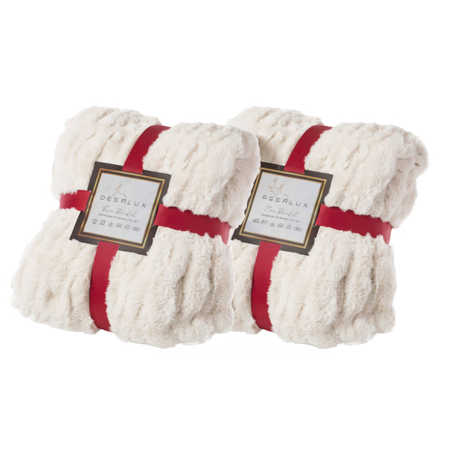Set of 2 Luxurious 50 in. x 60 in. Rached Faux Fur Cozy Throw Blanket - Decorative Plush Blanket for Sofa and Bed, Soft and Comfortable Home Accent, Warm Winter Blanket, Cream - LEHADAR