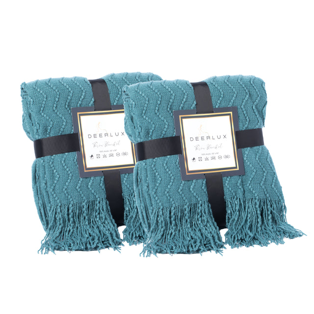 Set of 2 Decorative Chevron Pattern Knit Throw Blanket, 50x60 in, Made with Premium Yarns, Finished with Chic Fringe Details - Blue, Lightweight, Breathable, Easy Care - LEHADAR