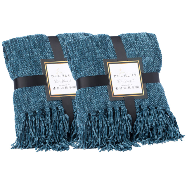 Set of 2 Decorative Chenille Throw Blanket, 50x60 in, Boasting Soft and Plush Yarn and Fringe Details - Navy, Lightweight, Breathable, Easy Care, Versatile, All-Season, Ideal for Lounging, Gifting - LEHADAR