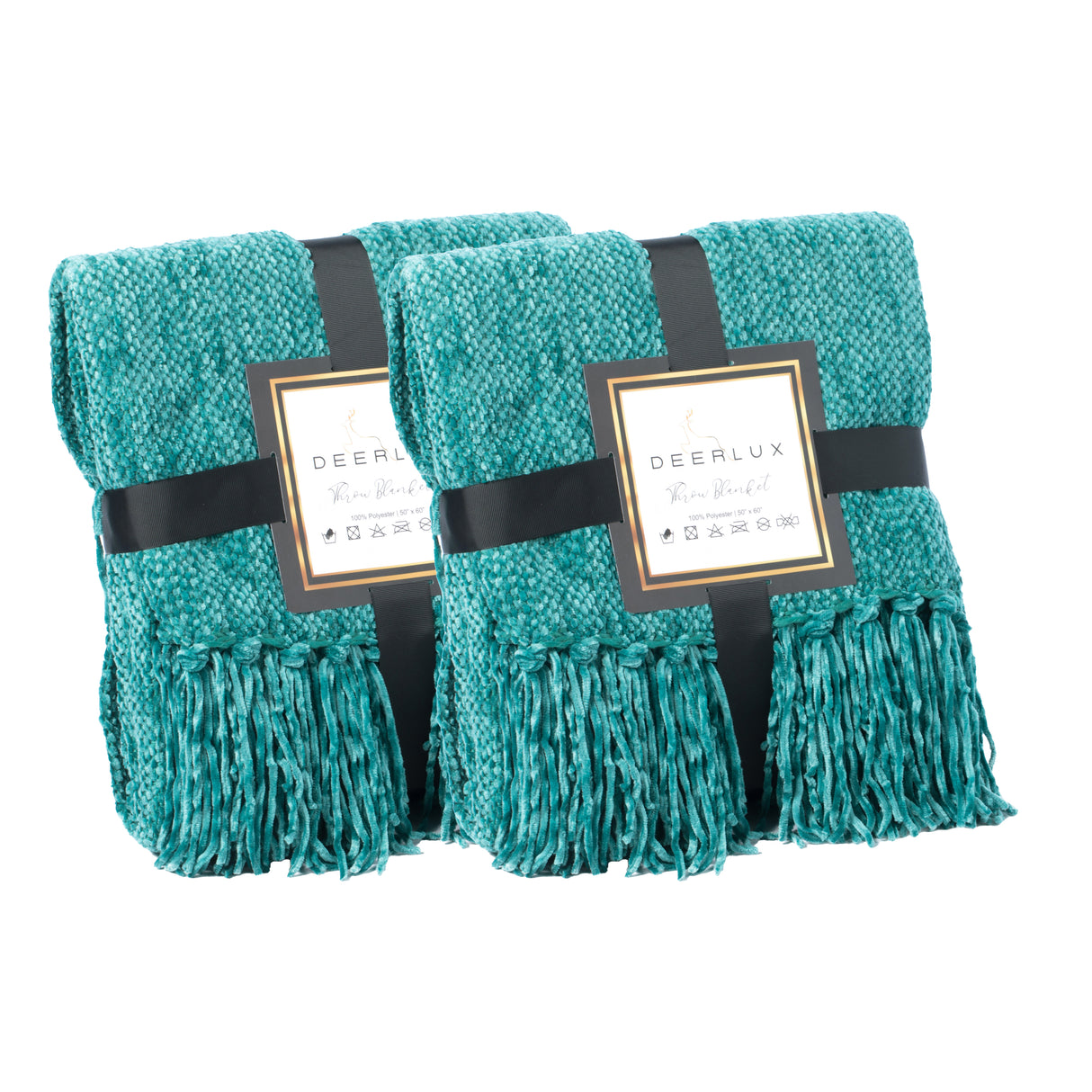 Set of 2 Decorative Chenille Throw Blanket 50x60 in, Boasting Soft and Plush Yarn and Fringe Details - Turquoise, Lightweight, Breathable, Easy Care, Versatile, All-Season, Ideal for Lounging, Giftin - LEHADAR