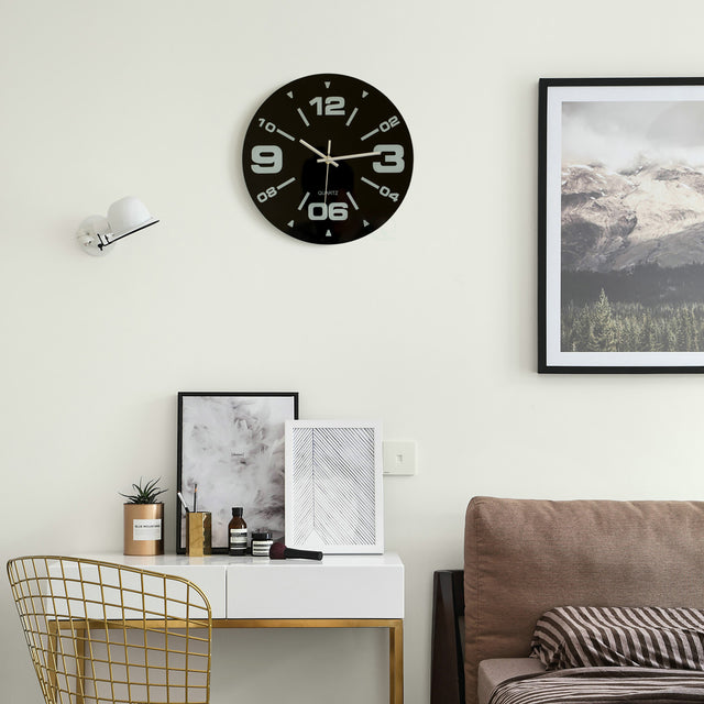 Clockswise 12 inch Black Decorative Unique Modern Round Glass Analog Wall Clock, Perfect for Office, Classroom, Living Room, Dining Room, Bed Room, Entryway and Kitchen Wall Decor. - LEHADAR