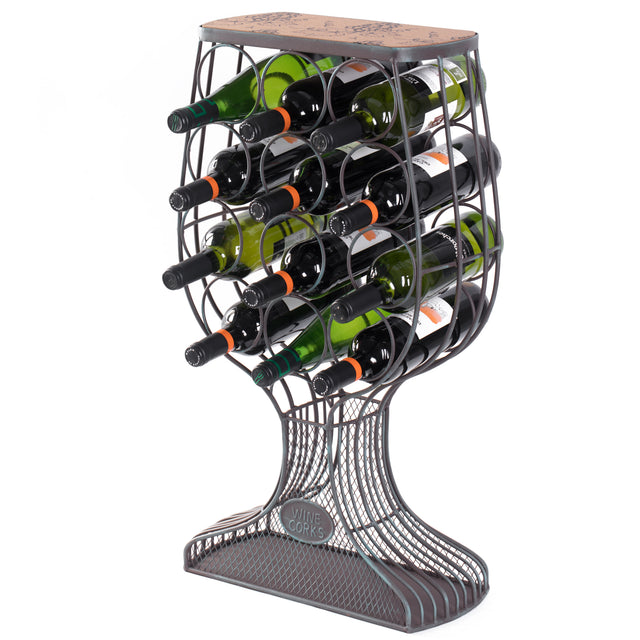 Freestanding Floor Wine Rack with Wooden and Metal Goblet Design - Holds 12 Bottles and Includes Wine Cork Holder - Stylish Bar Organizer for Home, Kitchen, Dining Area and Living Room D̩cor - LEHADAR