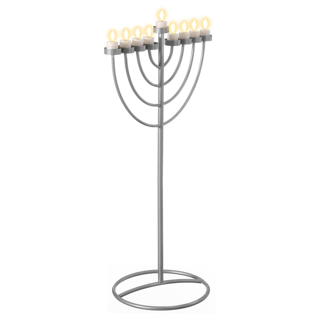 Large Modern Silver 9 Branch Lighting Thin Pipe Hanukkah Menorah, Metal-Aluminum - LEHADAR