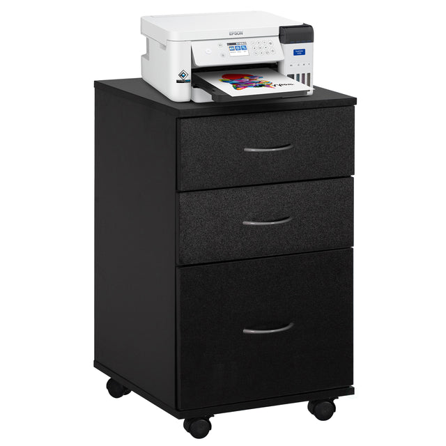 Black 26-Inch Mobile File Organizer Cabinet with 3 Drawers and Rolling Casters - Perfect for Home Office and Workspace - Fits Under Desk for Convenient Storage of Letters and Documents - LEHADAR