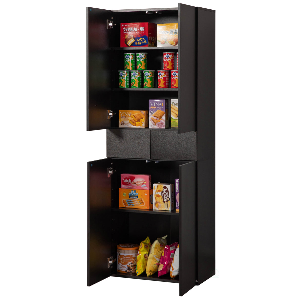 66-Inch Multi-Functional Black Finish Kitchen Pantry Cabinet with 4 Doors, 3 Adjustable Shelves, 2 Cabinets with 1 Drawer ‰ÛÒ Elegant Freestanding Farmhouse Storage for Kitchen, Dining and Living Room - LEHADAR