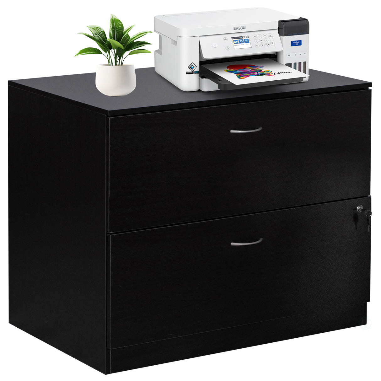 30-Inch Black Wooden Lateral File Cabinet with Two Spacious Drawers, One Lockable - Suitable for Home Office, Offering Ample Space for Documents, Supplies, and Printer Stand Needs - LEHADAR
