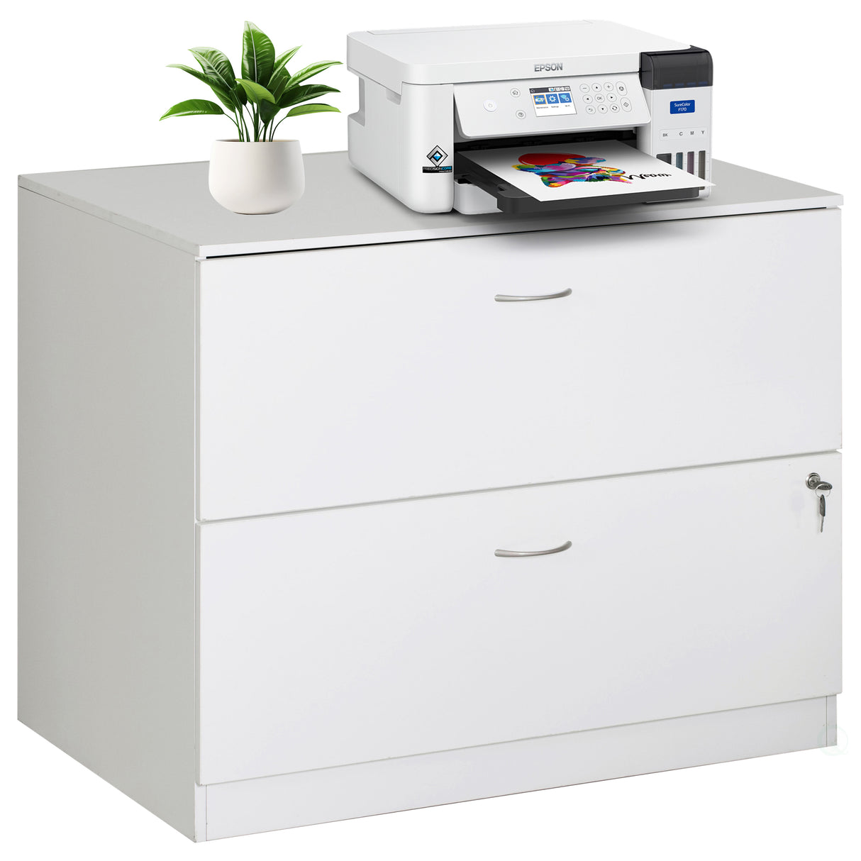30-Inch White Wooden Lateral File Cabinet with Two Spacious Drawers, One Lockable - Suitable for Home Office, Offering Ample Space for Documents, Supplies, and Printer Stand Needs - LEHADAR