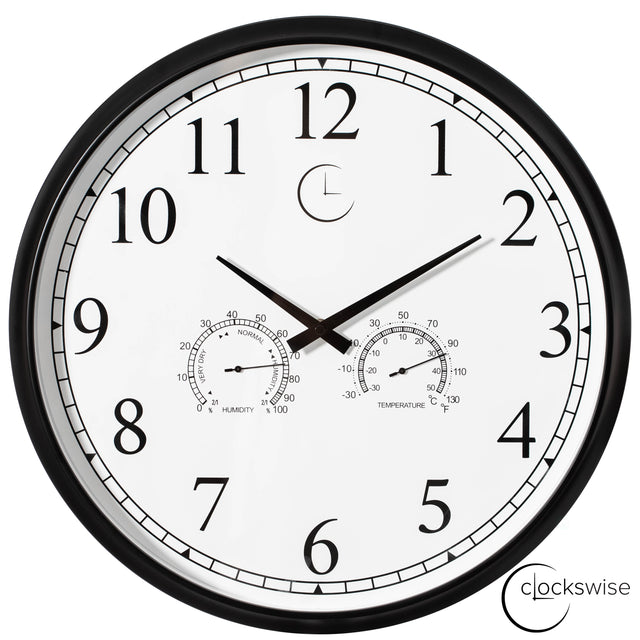 18-inch Large Outdoor Wall Clock Thermometer Combo, Waterproof Hygrometer Silent Battery Operated Clocks Timepiece Garden Weather Master Station for Home Indoor or Patio Pool Photography Props Black - LEHADAR