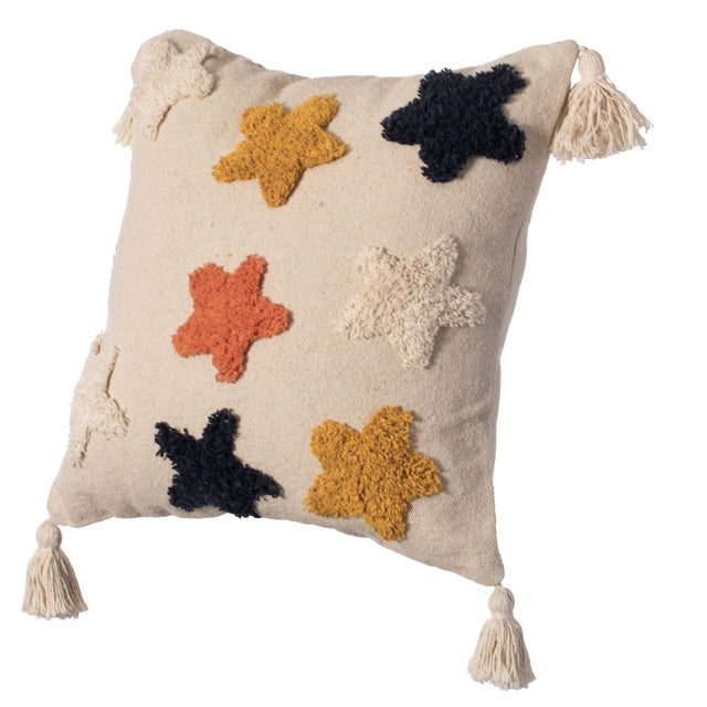 Set of 2 16" Handwoven Cotton Throw Pillow Cover with Tufted Star Pattern and Side Tassels, Multicolor - LEHADAR