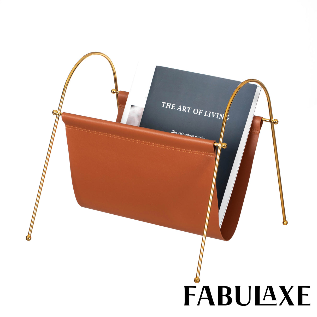 Fabulaxe 12-in Gold-Tone Metal Frame with Brown Leatherette Sling Magazine Holder for Living Rooms, Home Offices, and Waiting Areas - for Office Desk Accessories, Organizing Magazines and Newspapers - LEHADAR