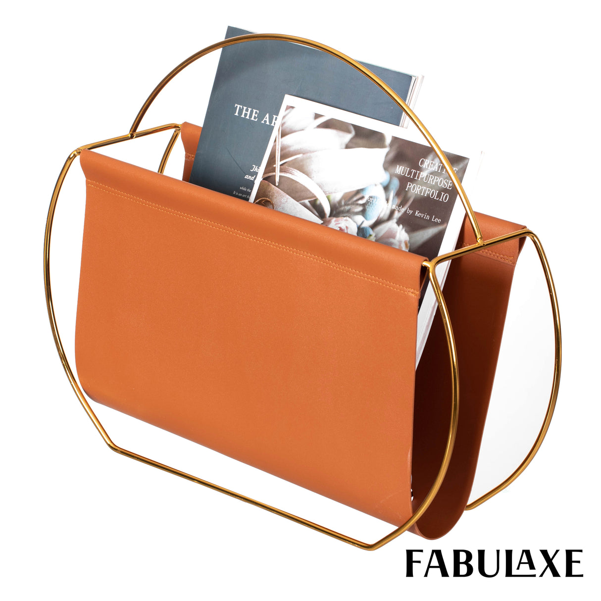 Gold Metal and Brown Leather Modern Decorative Freestanding Magazine Book Rack Storage Holder - LEHADAR
