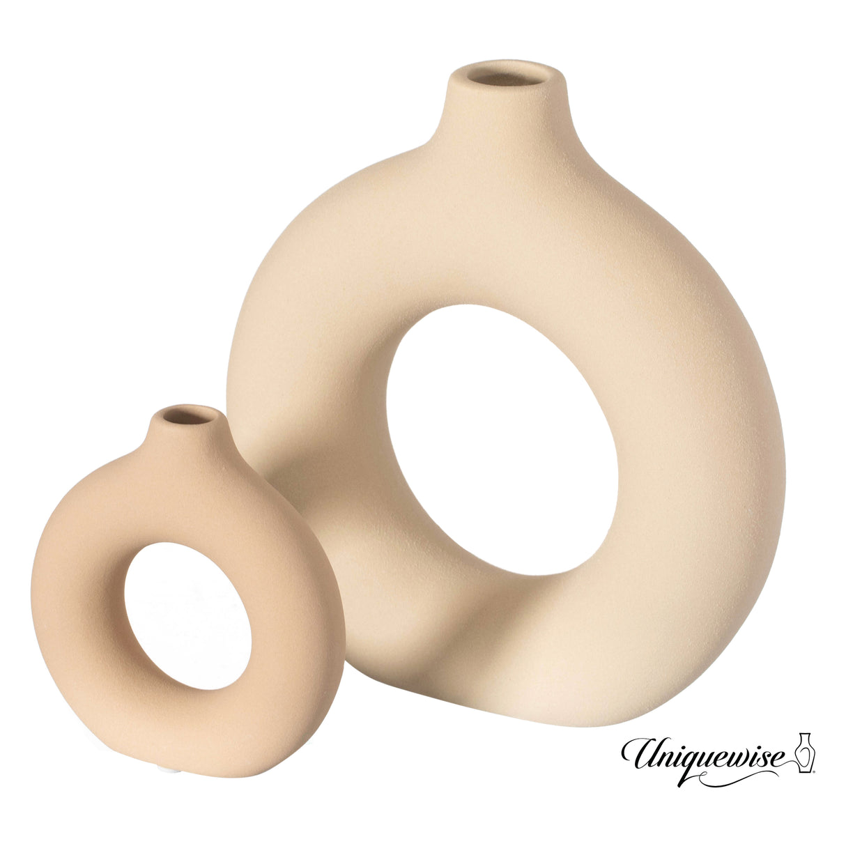 9-Inch Large and 5-Inch Small Decorative Hollow Ceramic Donut Table Vase - Handmade, Minimalist Boho Style for Modern Home Decor in Living Room, Home Office, Dining Room and Entryway Console Table - LEHADAR