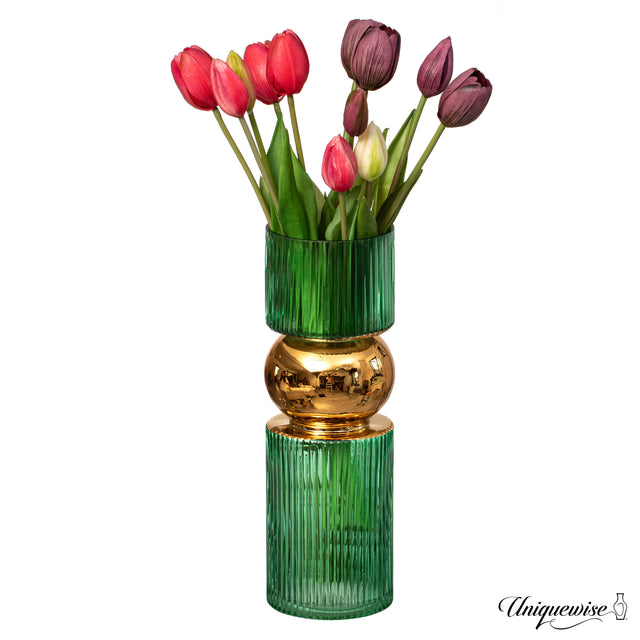 12-Inch Decorative Green Tall Glass Vase - Modern Minimalist Decor for Parties, and Special Events - Perfect Centerpiece for Coffee Tables, Living Rooms, Dining Tables, Offices, and Farmhouse Decor - LEHADAR