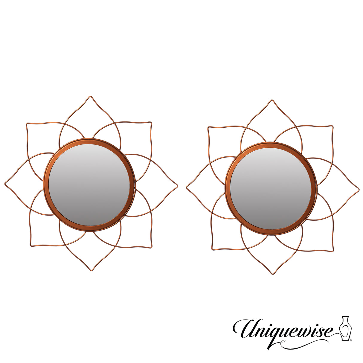 Pack of 2 Decorative 12.25-inch Flower Shape Rose Gold Metal Frame Mirror - Perfect for Living Room, Bedroom, Bathroom Vanity, Entryway, or Hallway, Adding Elegance and Charm to Your Space - LEHADAR