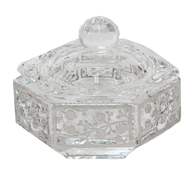 Hexagon Crystal Dish with 3 Legs Floral Metal 2.25" - LEHADAR