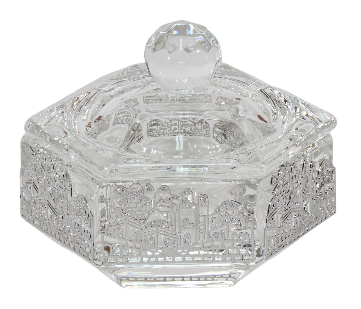 Hexagon Crystal Dish with 3 Legs Jerusalem Metal 2.25" - LEHADAR