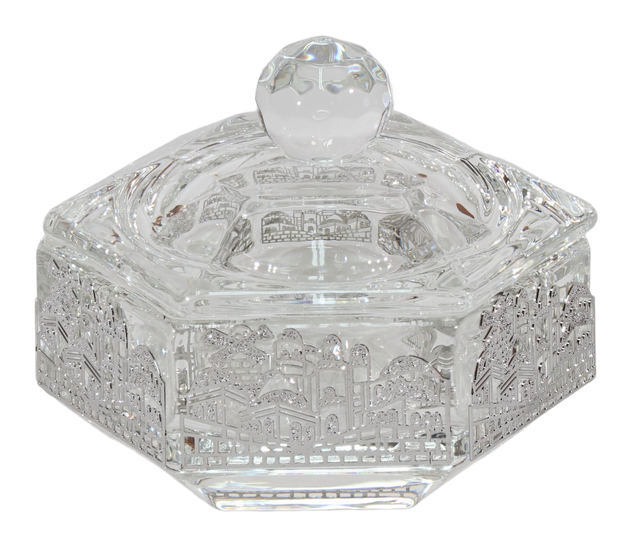 Hexagon Crystal Dish with 3 Legs Jerusalem Metal 2.25" - LEHADAR