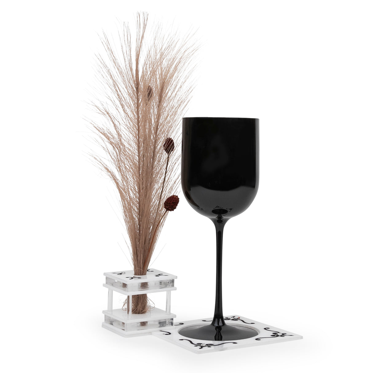 Majestic Wine Glass and Feather Decor Engraved GD/SL/BK W/Crystals (Pack of 4) - LEHADAR