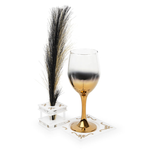Majestic Wine Glass and Feather Decor Engraved GD/SL/BK W/Crystals (Pack of 4)