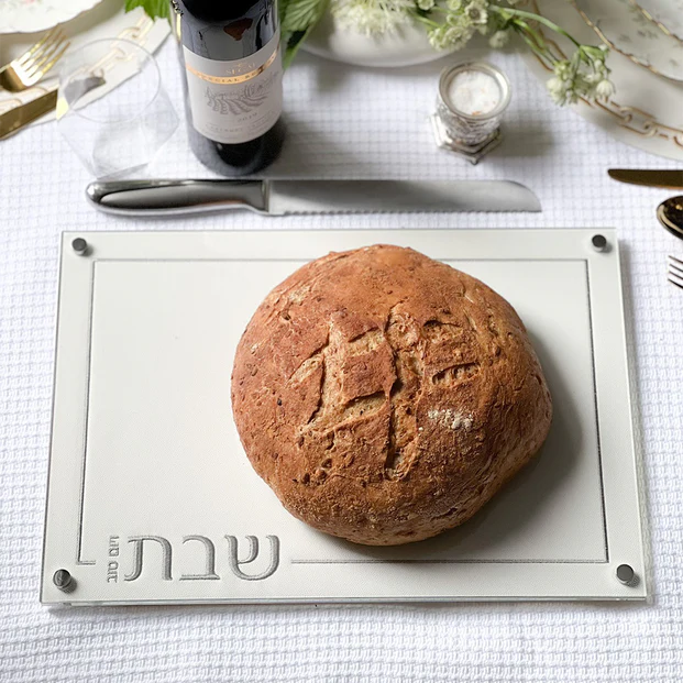 Embroidered Leatherette Lucite and Glass Top Challah Board