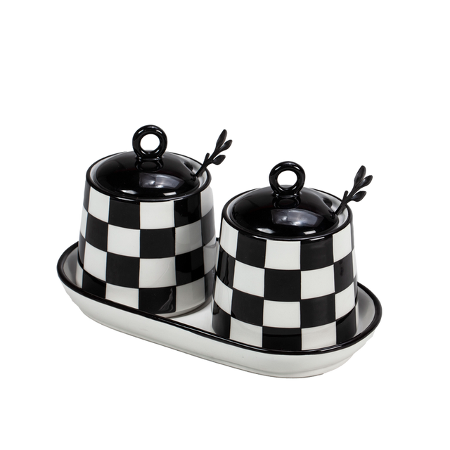Chic Checkered Porcelain Coffee & Sugar Jars - LEHADAR