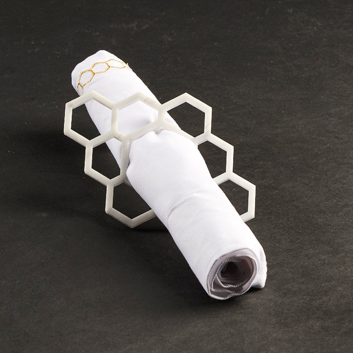 Honeycomb Napkin Rings- White Marble Lucite- Set of 4