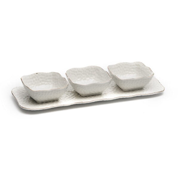 Set of 3 Ceramic Square Bowl White gold rim W/Tray 14.5x5.75x2.5"