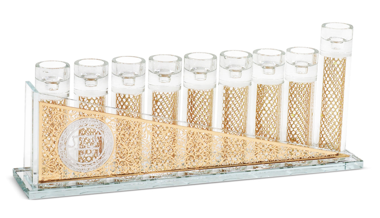 Crystal Menorah with Silver & Gold Blessing Plates and Gold Fillings