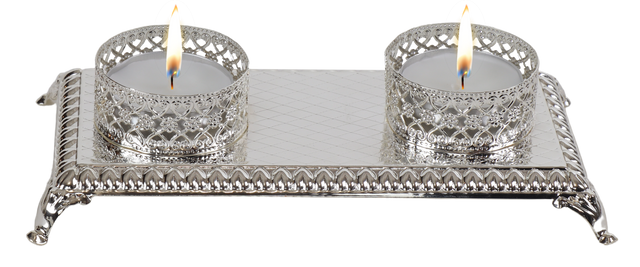 Silver Plated Double Tealight Candle Holder - Floral Design - LEHADAR