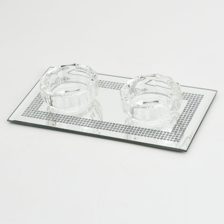 Crystal Candle Holder for 2 With Silver Glitter Print 3.5"x6.75" - LEHADAR