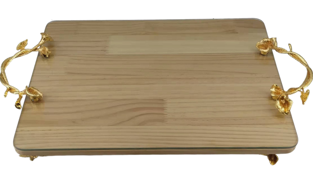 Gold tray rectangle leaves wood with glass 12"x15" - LEHADAR