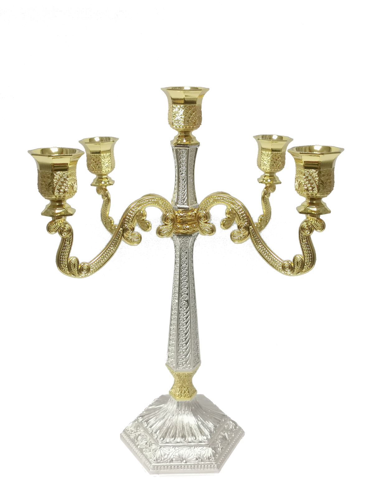 Silver & Gold Filigree Candelabra 5 Light 16" - LEHADAR