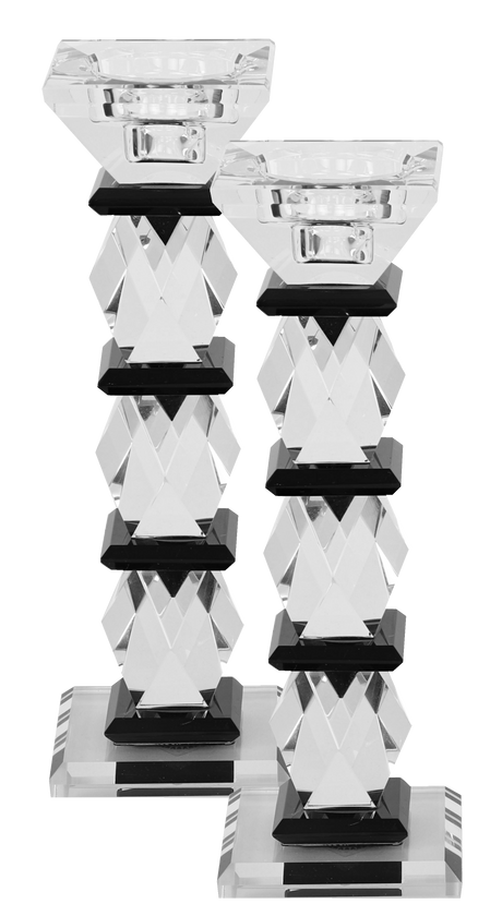 Candlestick Set Black And Clear Crystal Triangular Design 8" - LEHADAR