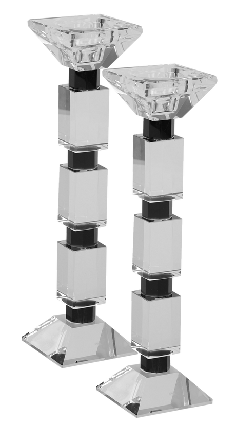 Set of 2 Crystal Candlesticks crystal and black rectangular pattern 10" - LEHADAR