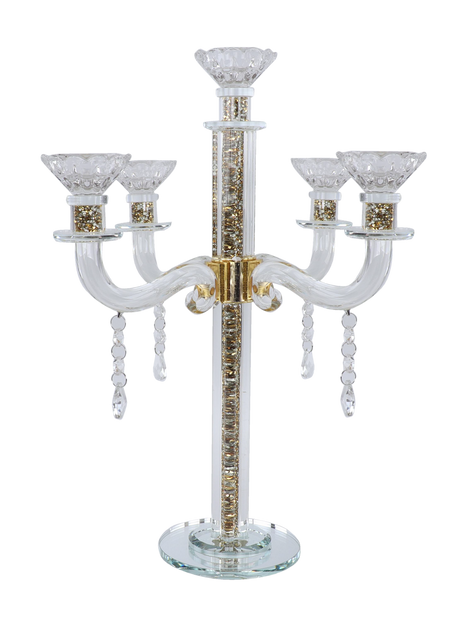 "Royal Style" 5 Branch Gold Filling Crystal Candelabra 15.5"H - LEHADAR