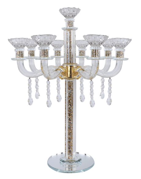 "Royal Style" 9 Branch Gold Filling Crystal Candelabra 18.5"H - LEHADAR