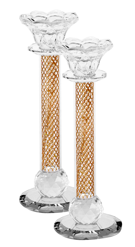 Set of 2 Crystal Candlesticks Gold Net 8.5" - LEHADAR